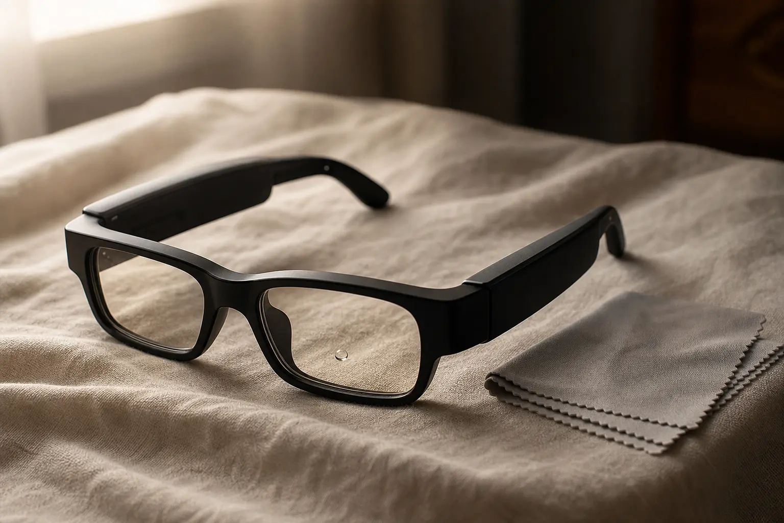 Display glasses with a microfiber cloth, ready for careful cleaning