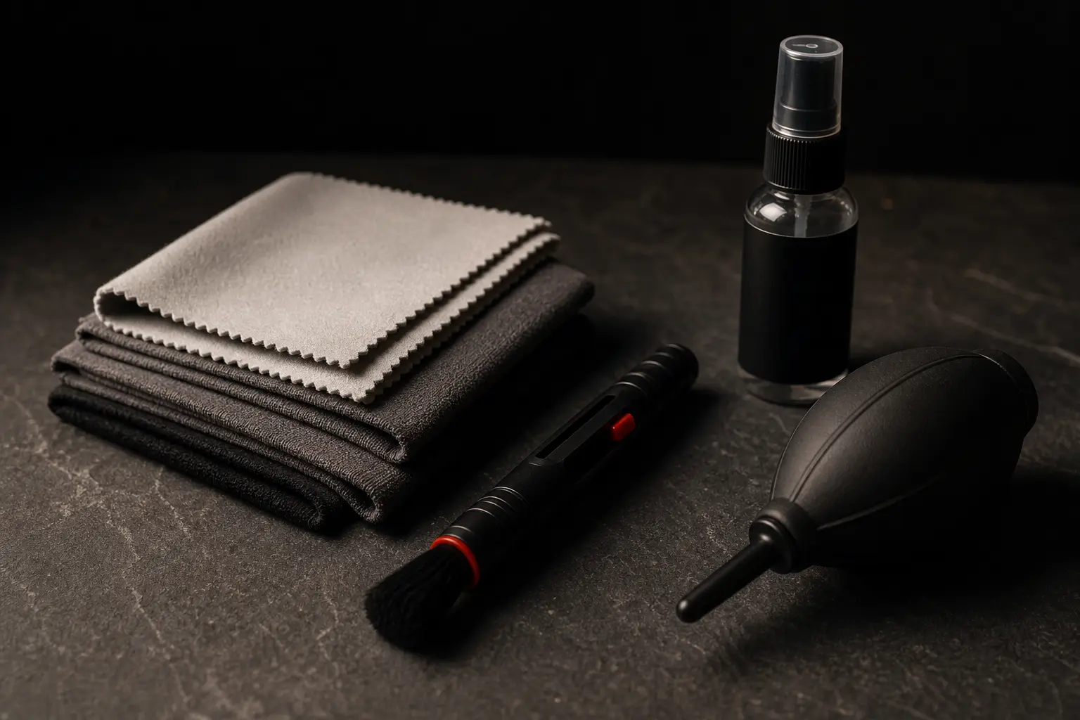 A safe lens-cleaning toolkit: microfiber cloths, lens pen, blower, coated-lens spray