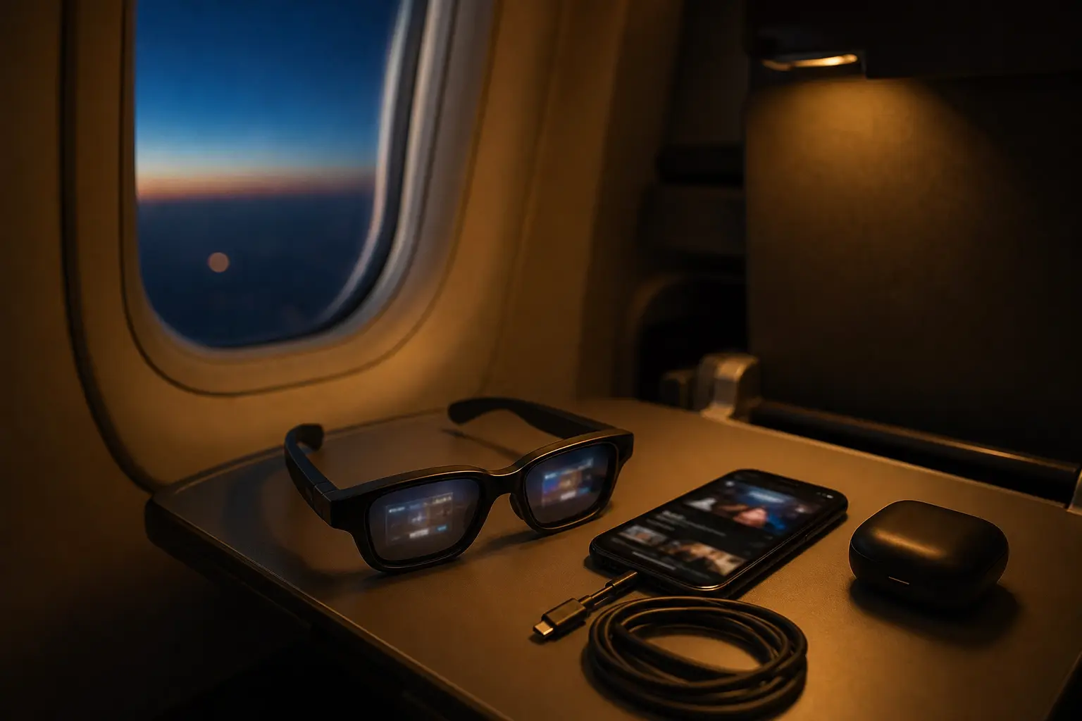 Display glasses and a phone set up for a movie on an airplane tray table