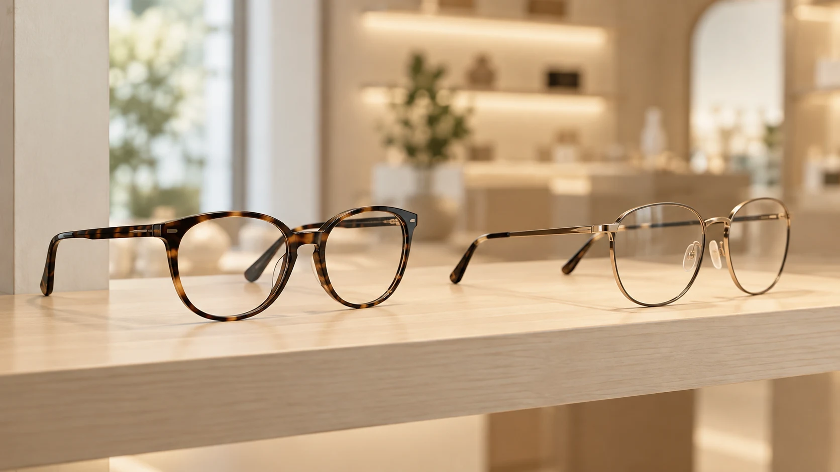 Designer eyewear frames on a display shelf
