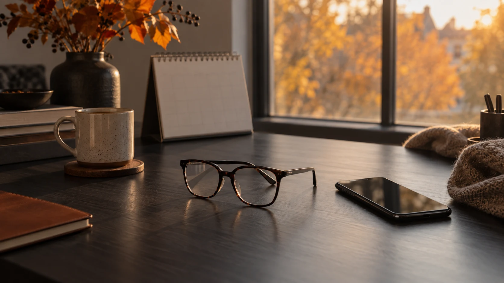 Glasses and a phone in autumn window light