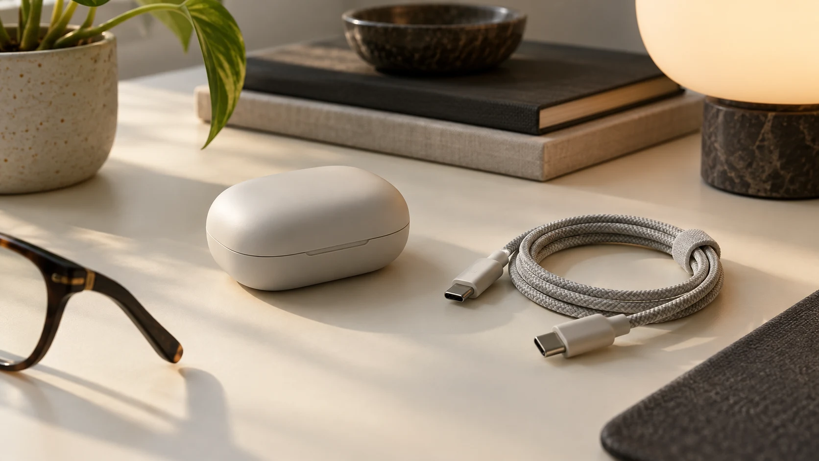 A charging case and cable on a desk