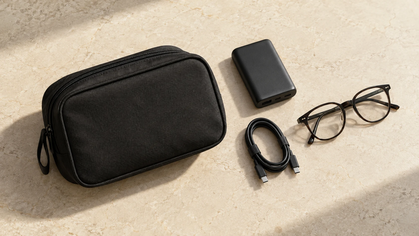 A power bank, cable, and glasses packed in a travel pouch