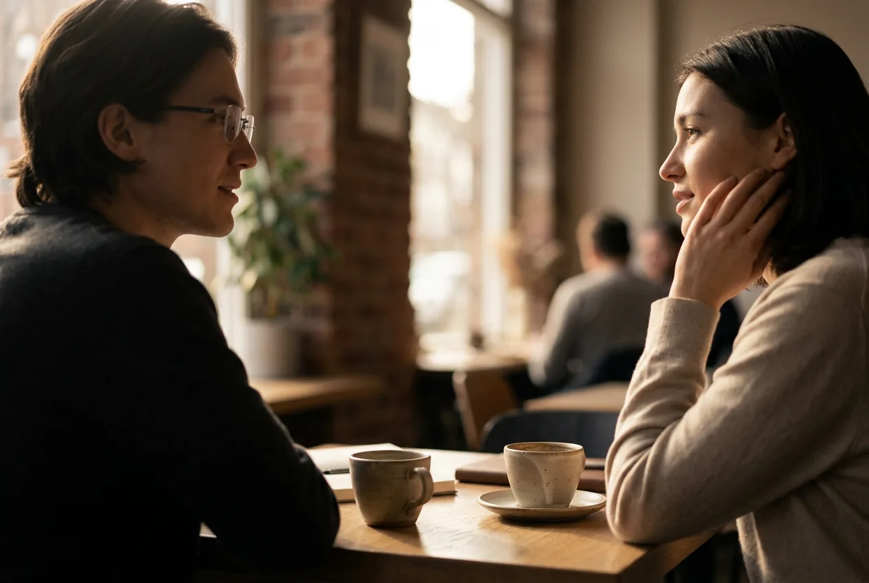 Two people in easy cafe conversation, one wearing minimal camera-free smart glasses
