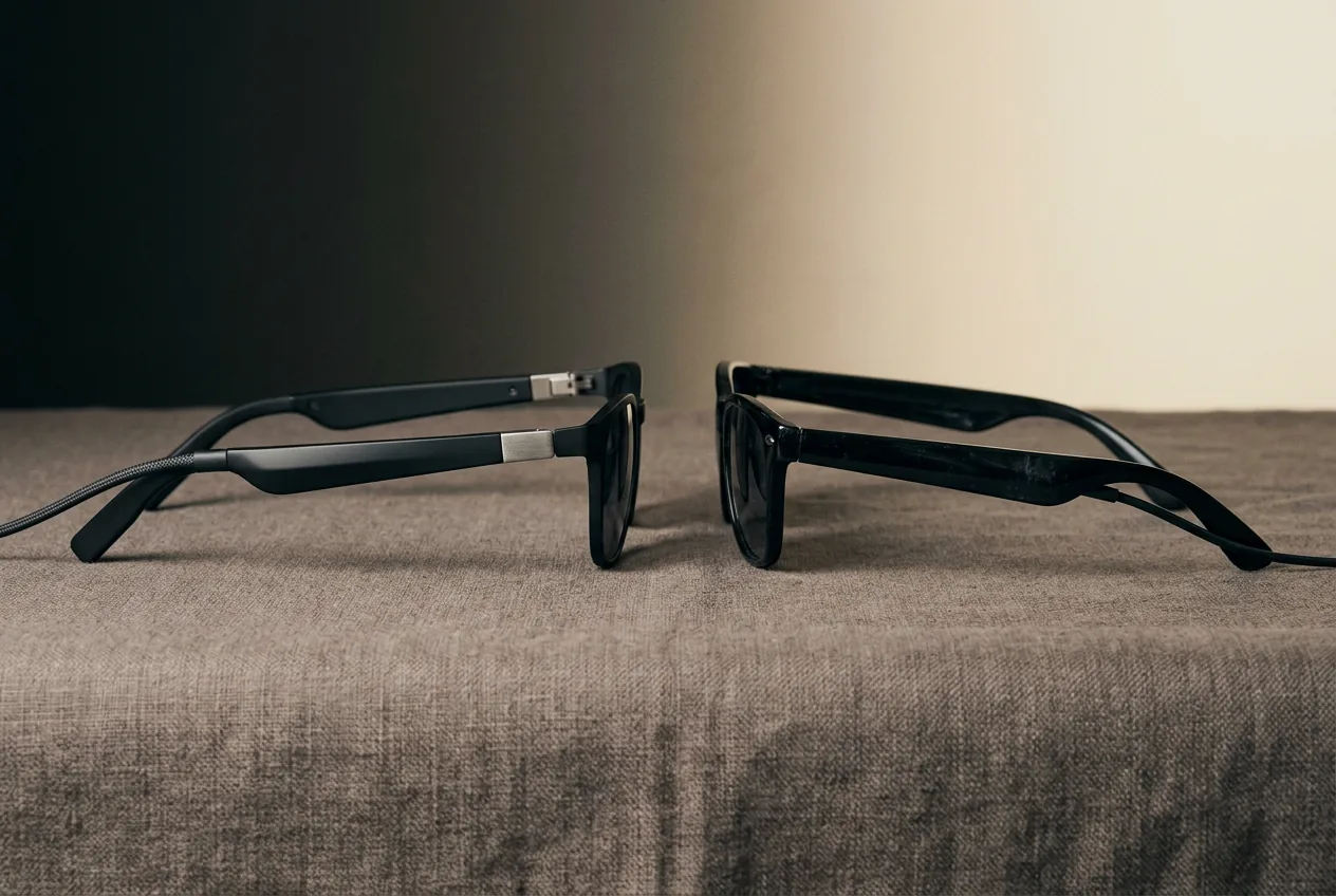 Premium matte display glasses contrasted with a shiny generic pair on linen