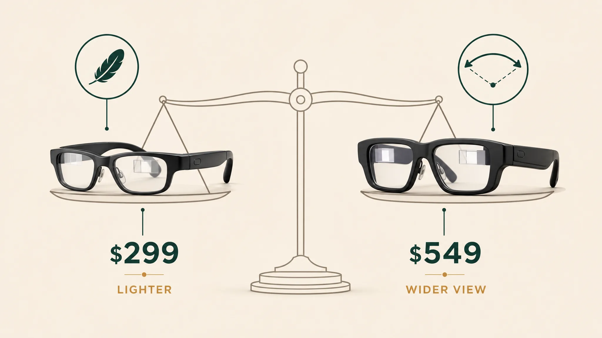 Balance-scale diagram weighing the lighter 299-dollar pair against the wider 549-dollar pair