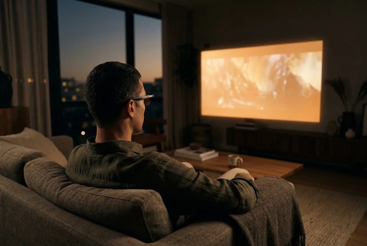 Person on a dusk sofa wearing display glasses with a soft glowing virtual screen ahead