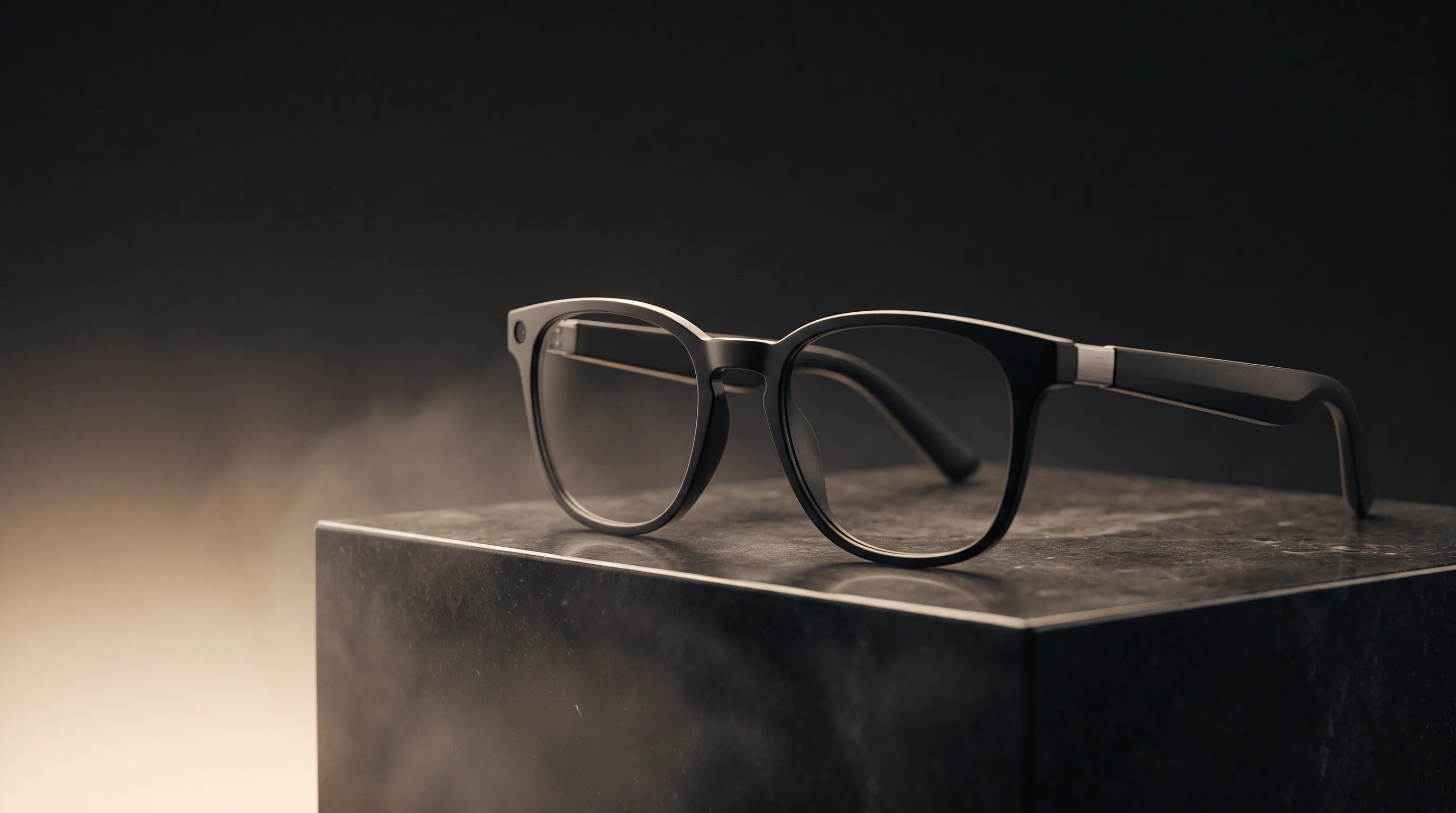 A generic pair of sleek dark smart glasses on a reflective plinth under a keynote-style amber spotlight