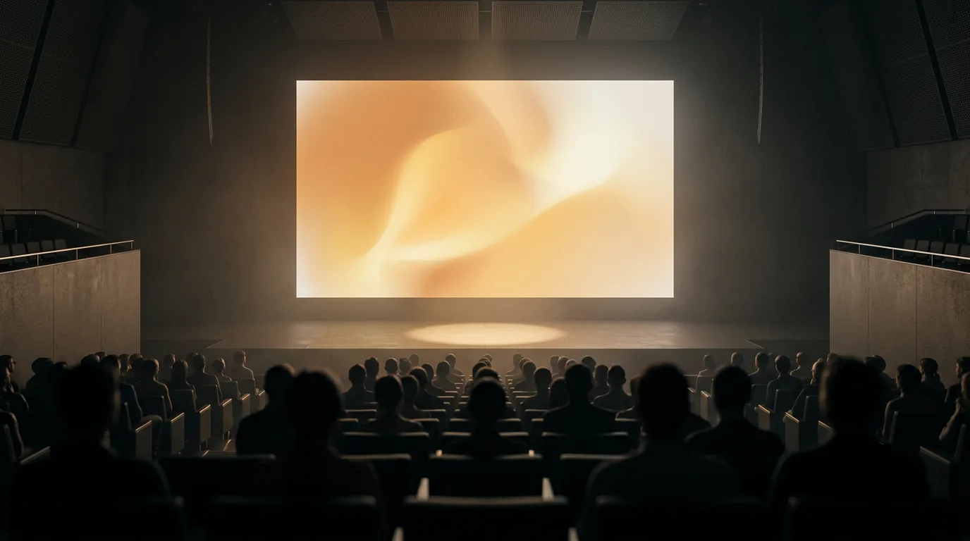 Dark keynote auditorium with a glowing abstract screen and audience silhouettes before the announcement