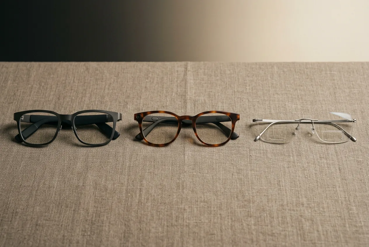 Flat-lay of three smart-glasses types from chunky display to minimal rimless HUD