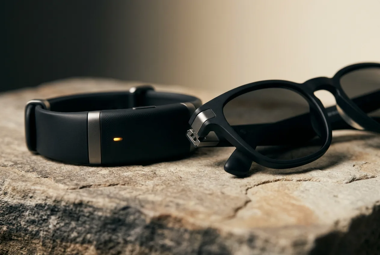 Sleek matte wristband input device resting beside dark hybrid smart glasses