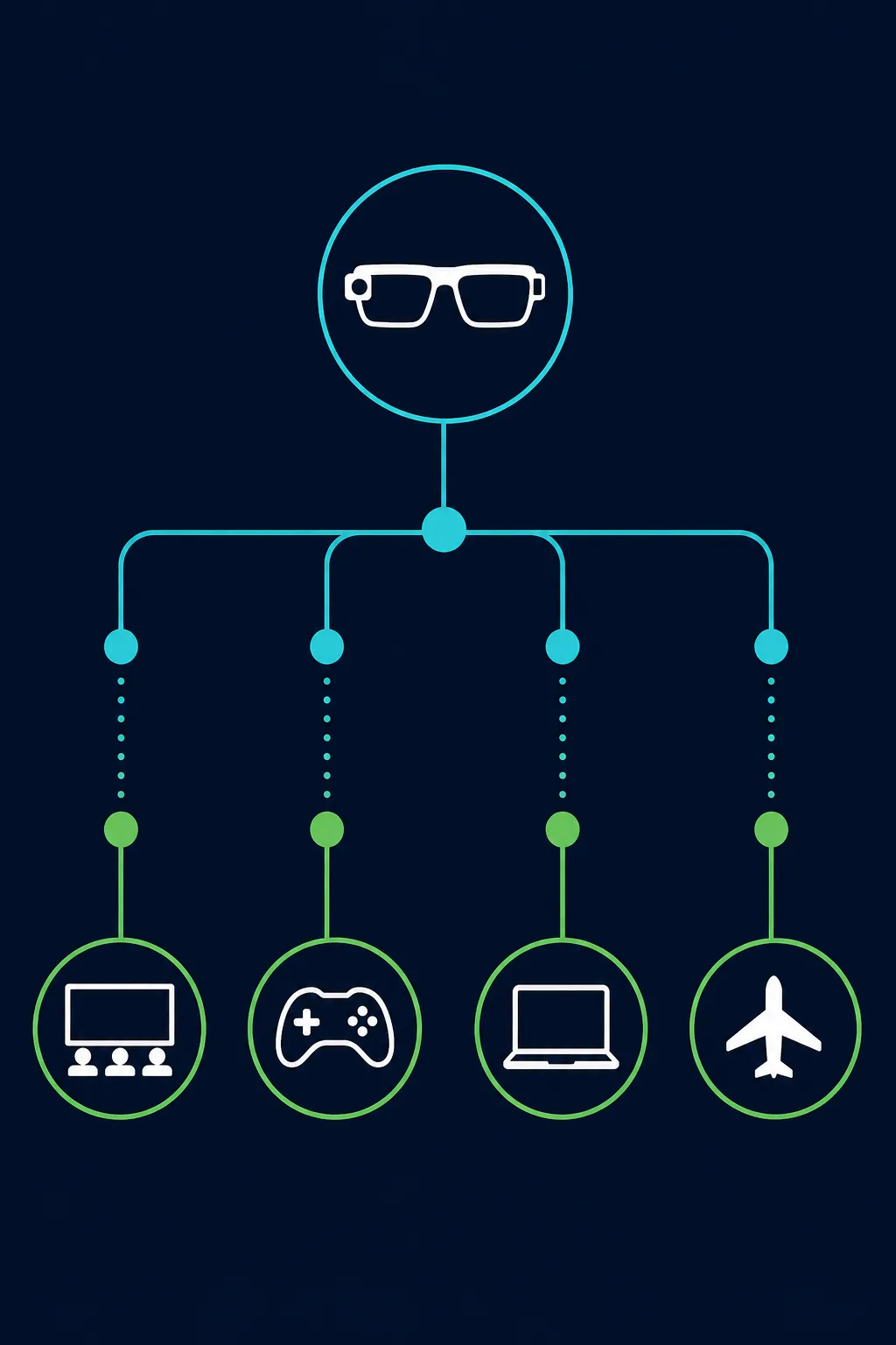 Decision-path illustration with a smart-glasses icon branching toward a movie screen, game controller, laptop, and airplane