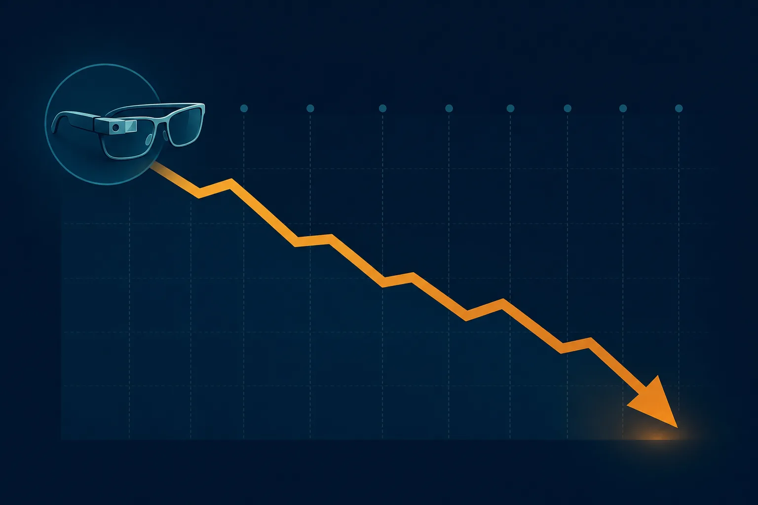 Illustration of a downward-trending price arrow over a subtle grid with a smart-glasses icon