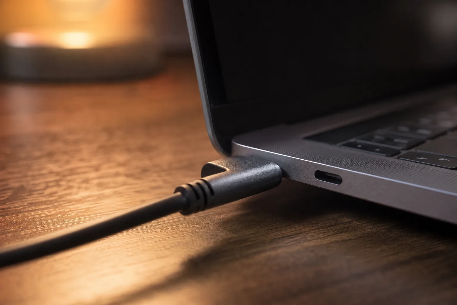 Macro photo of a right-angle USB-C connector at the edge of a slim laptop