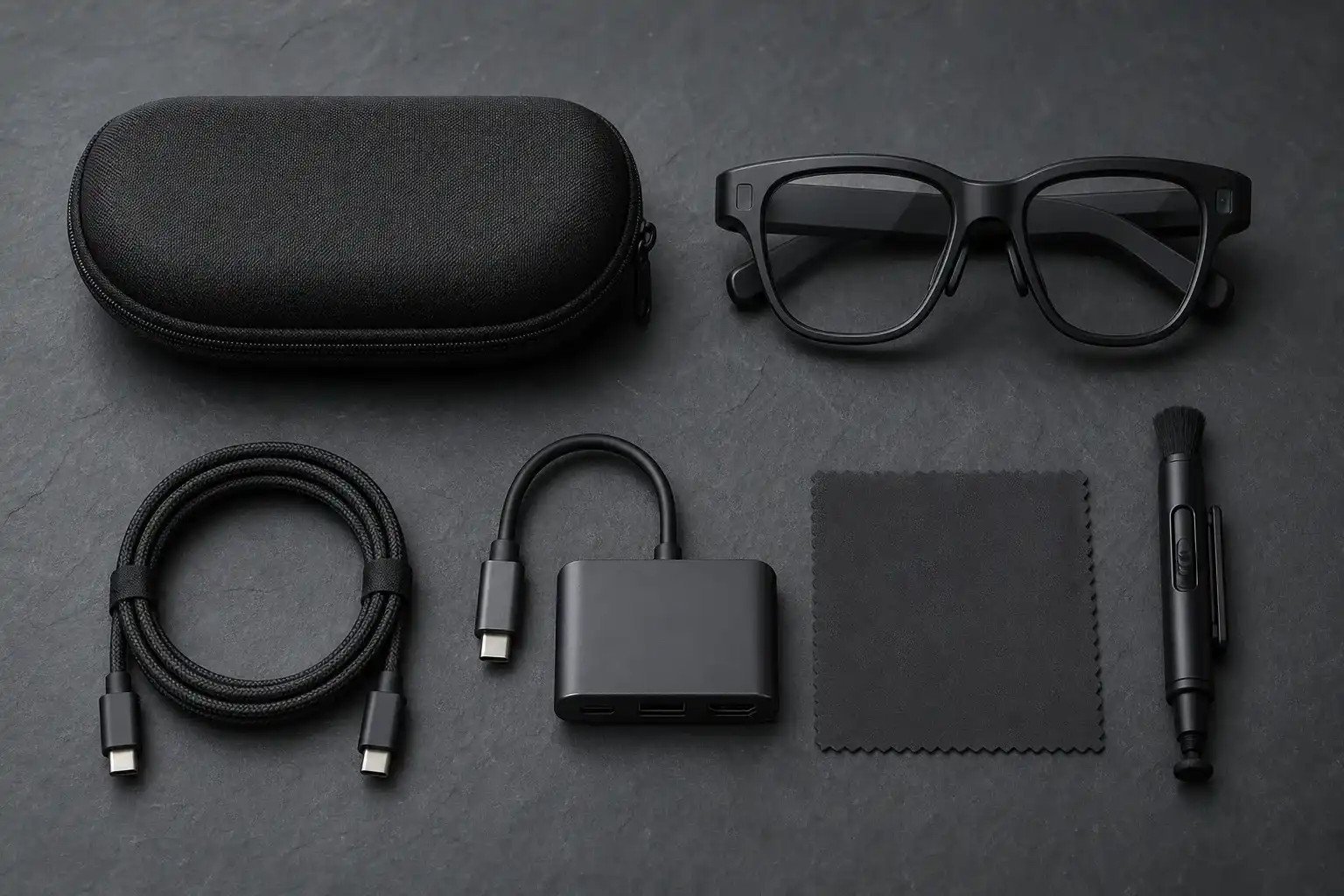 Flat lay of a smart-glasses accessory kit: hard-shell case, coiled braided cable, compact hub, microfiber cloth, and cleaning pen