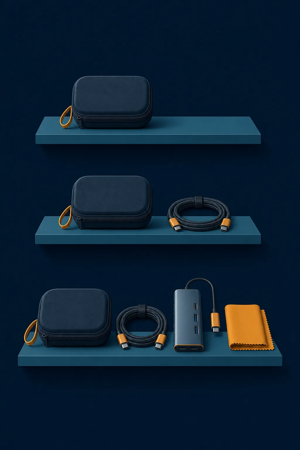 Illustration of three shelves holding growing accessory kits from a single case to a full kit