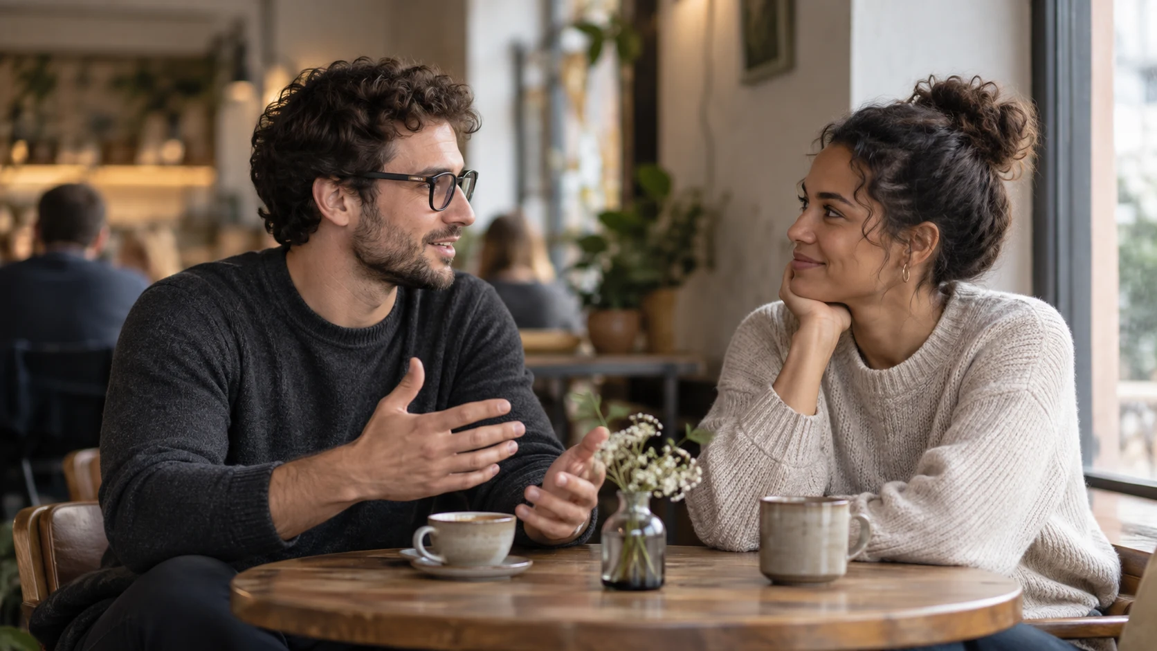 Two people in conversation, one wearing smart glasses