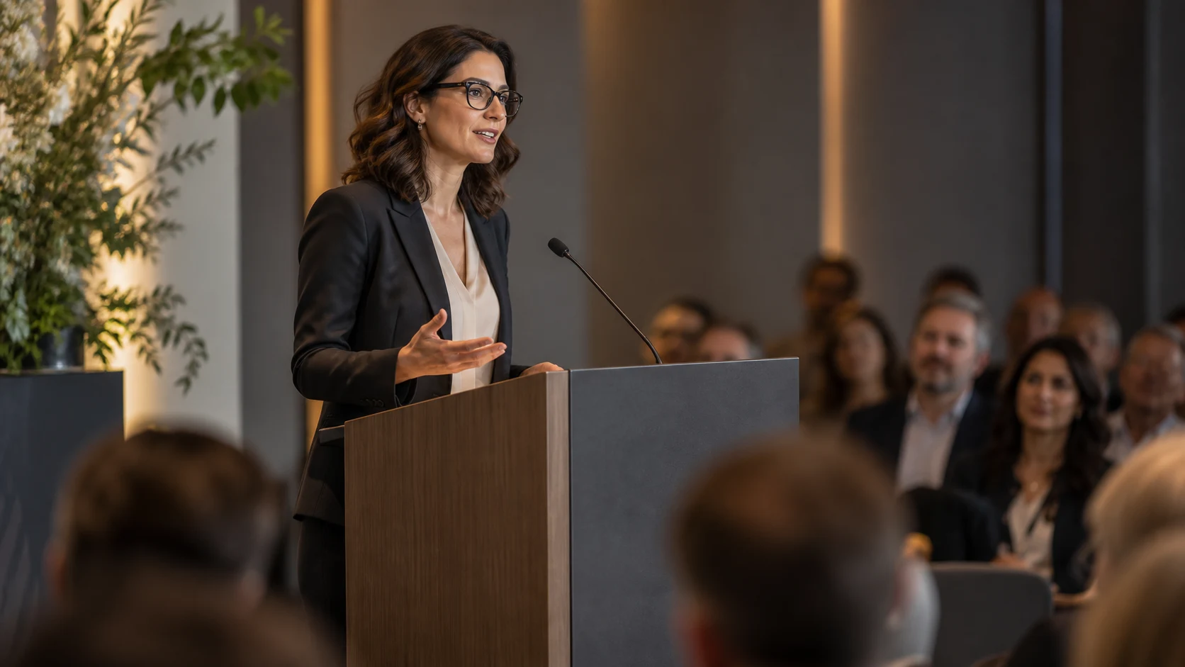 A presenter wearing glasses at a lectern