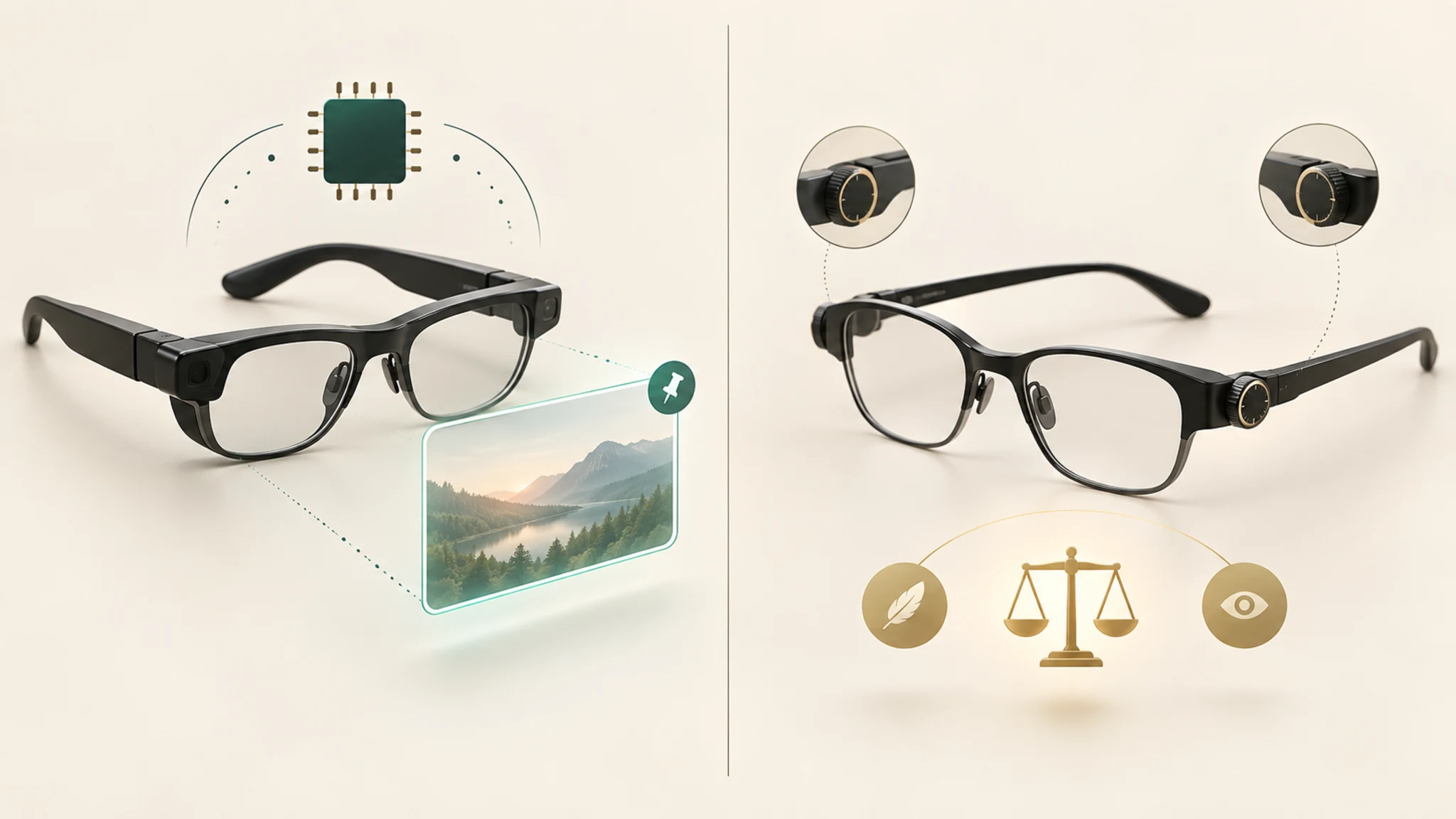 Conceptual comparison of display glasses with on-glasses spatial processing and display glasses with highlighted diopter dials