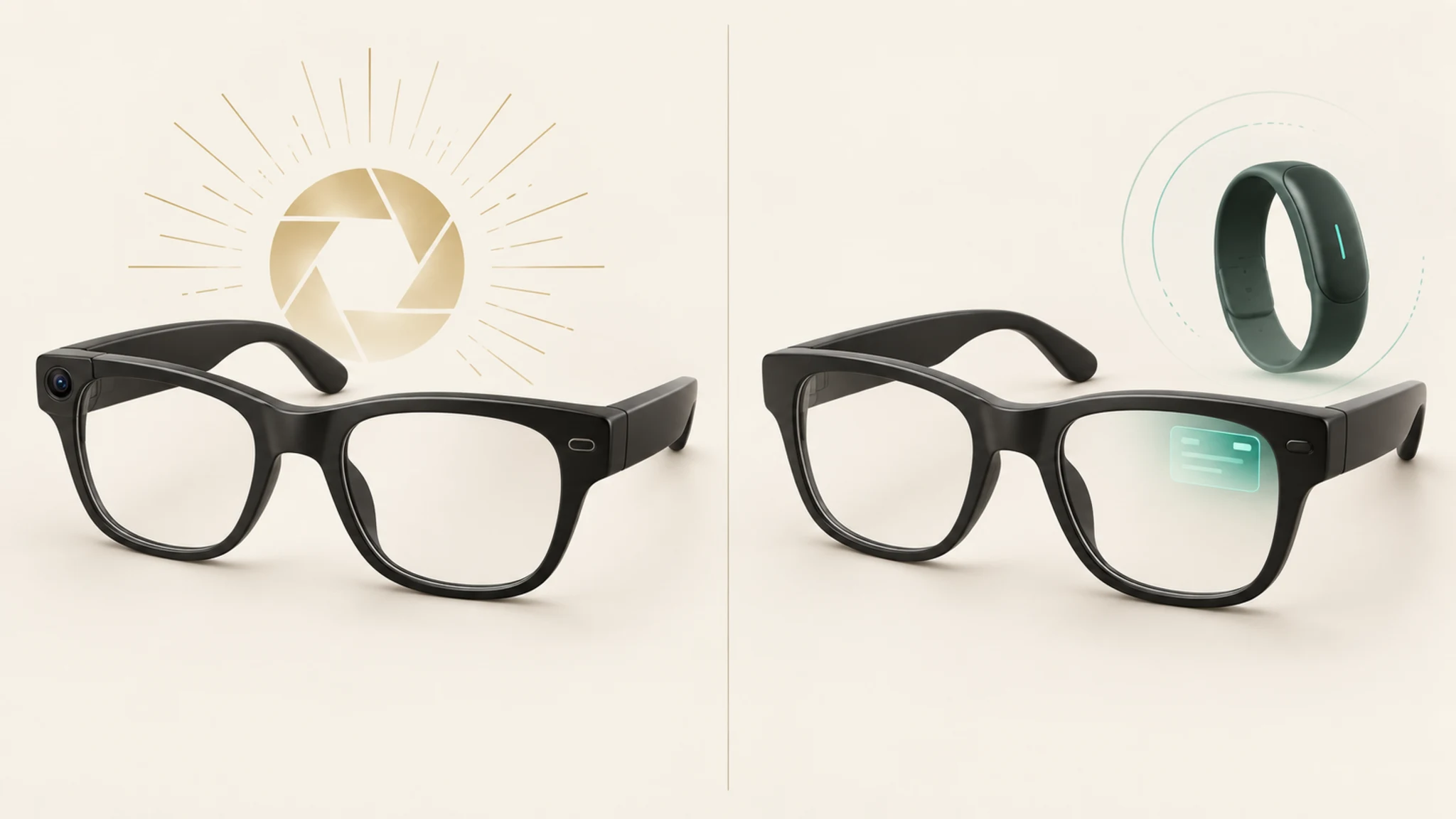 Conceptual split illustration of camera-first smart glasses and smart glasses with a small glanceable display
