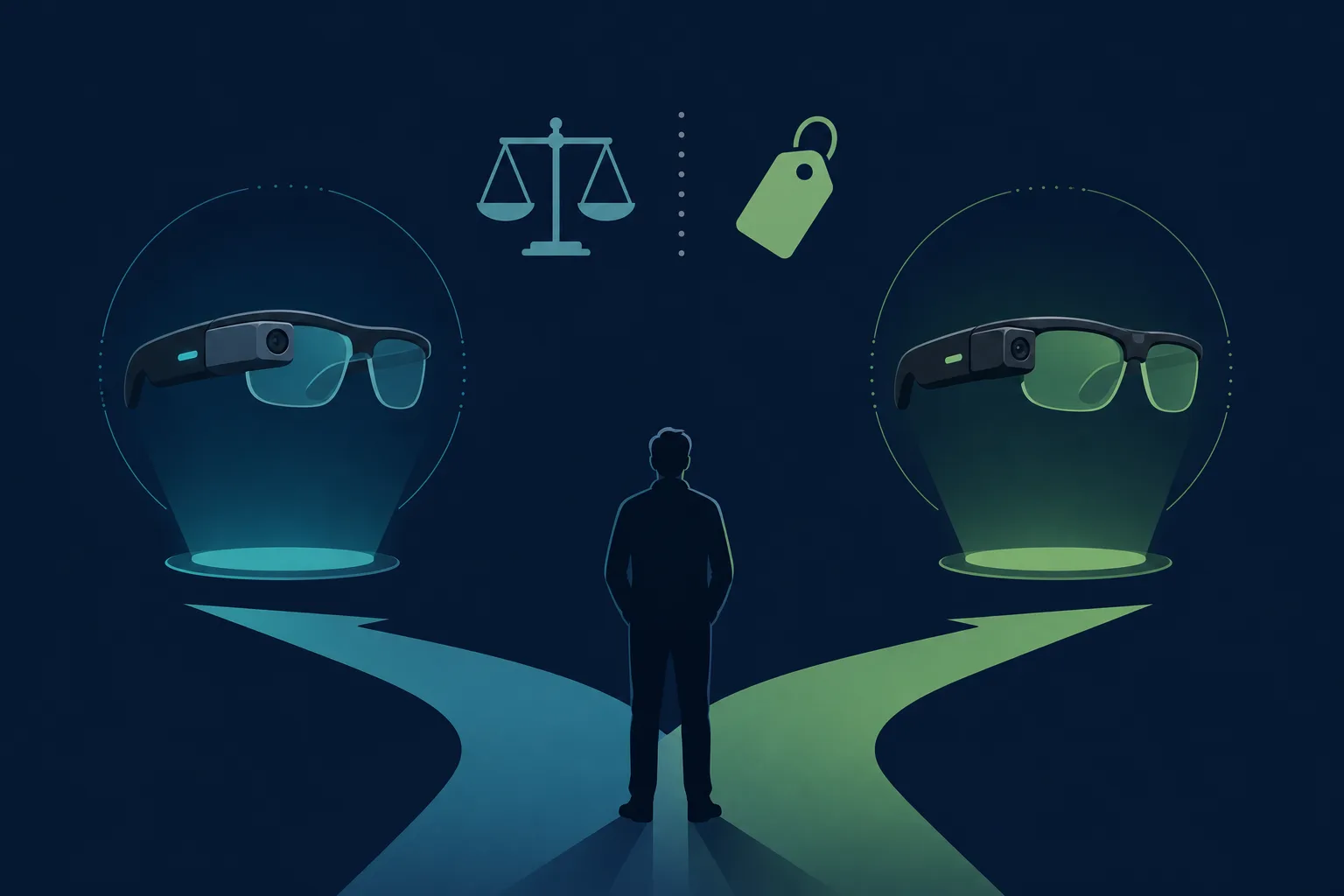 Illustration of a person choosing between two floating smart-glasses icons at a fork in the road