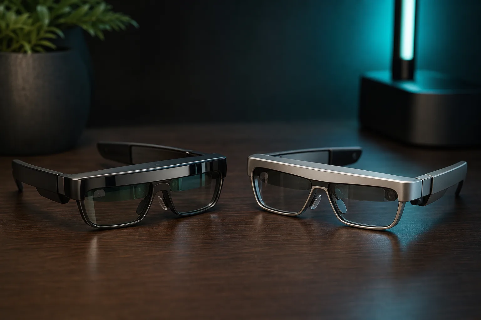 Two pairs of modern display glasses side by side on a dark desk under teal accent lighting