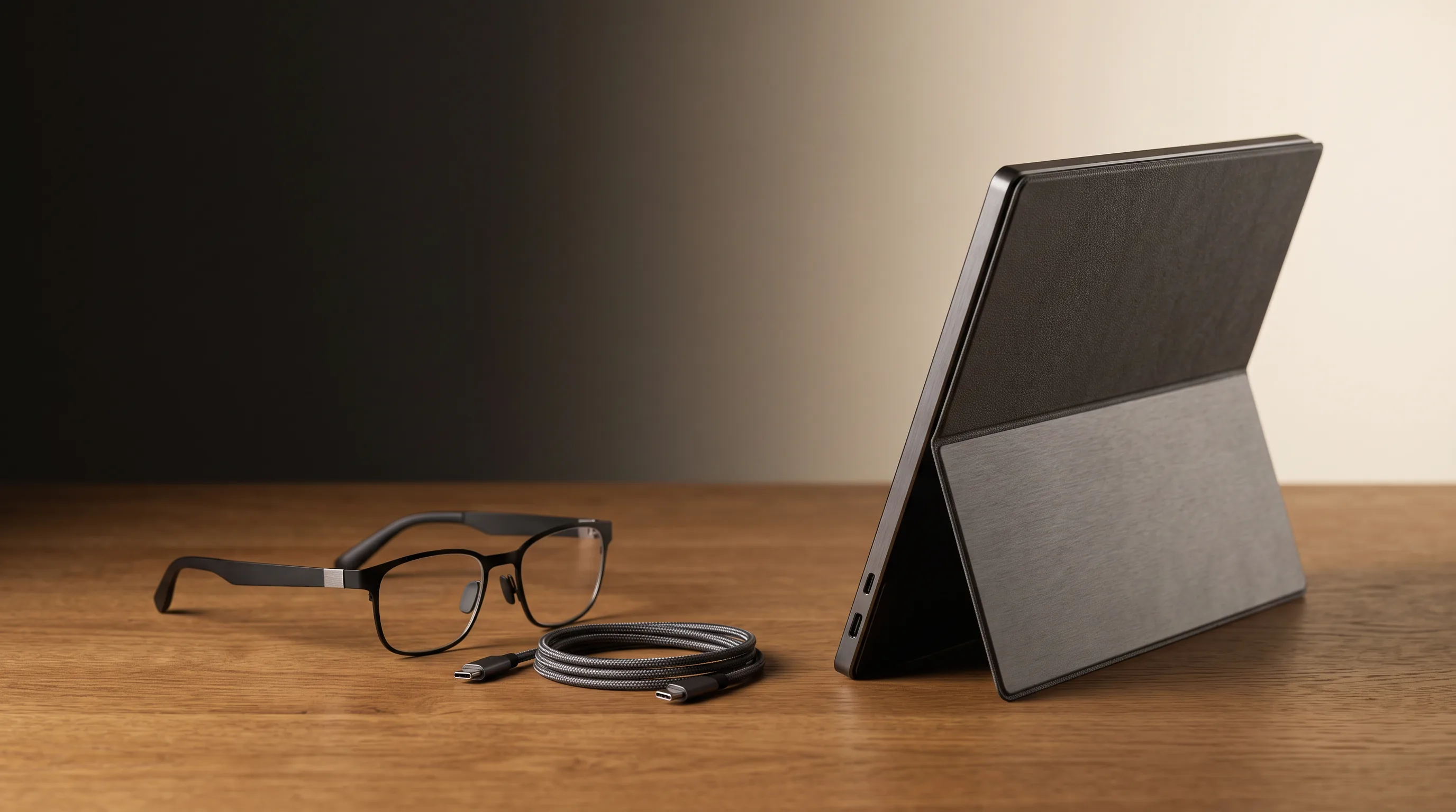 Display glasses with coiled cable facing a folded portable monitor on a desk