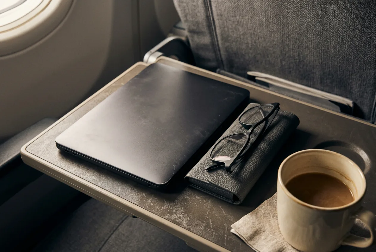 Overhead view of a tray table with laptop, glasses case, and coffee fitting tightly