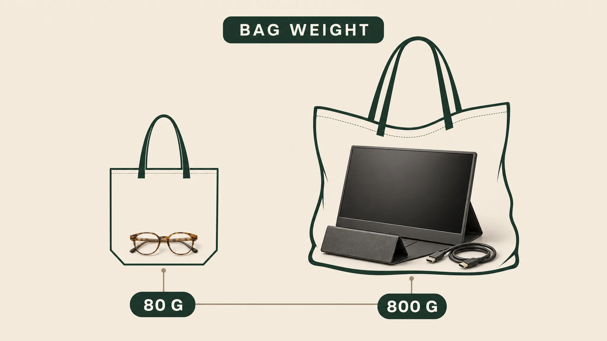 Bag-weight diagram comparing 80 gram glasses with an 800 gram monitor kit