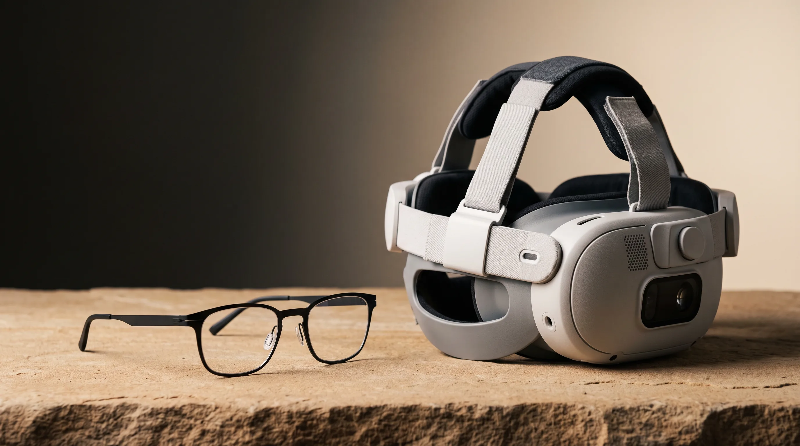 Slim display glasses standing small beside a bulky VR headset on a studio table