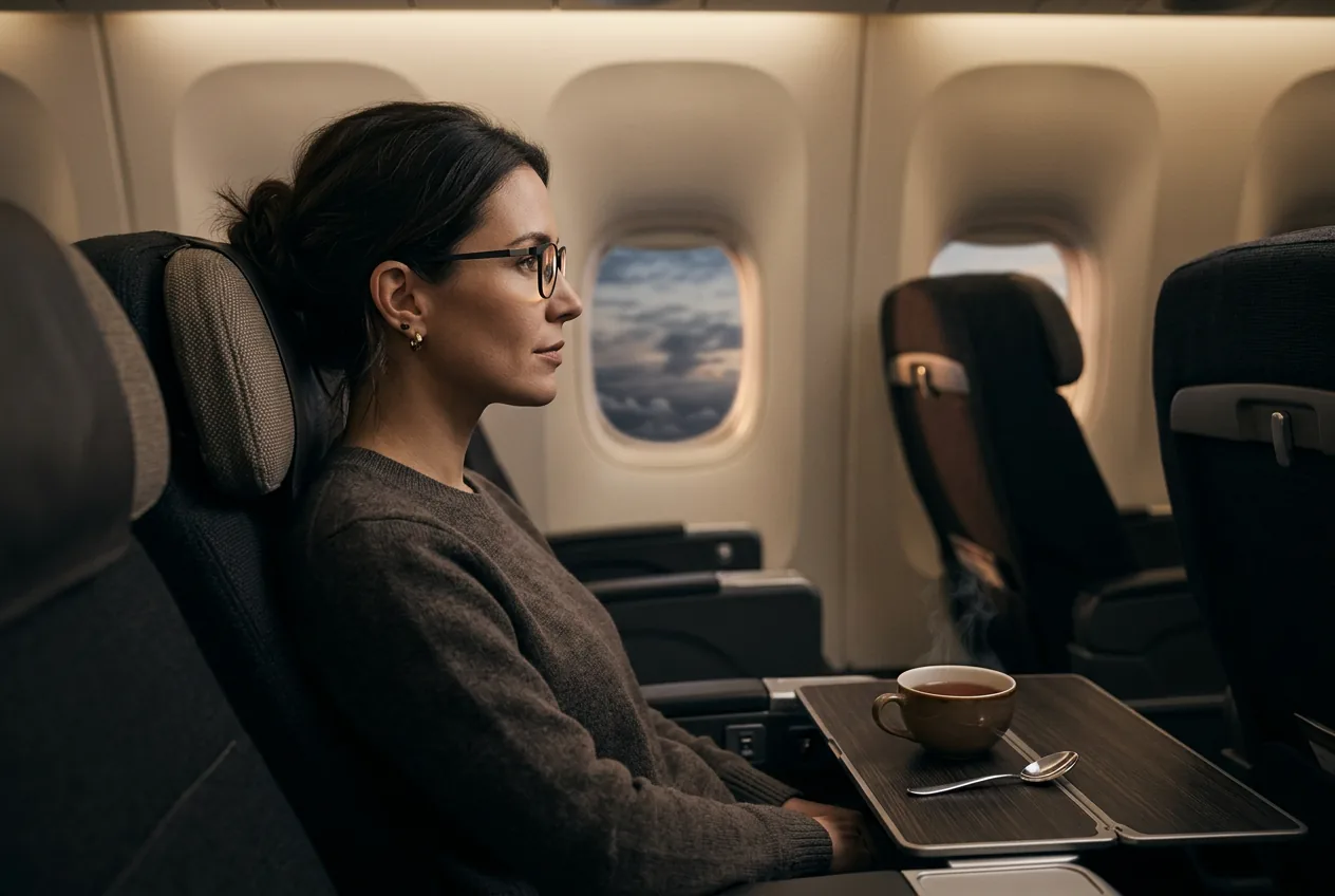 Passenger in a window seat wearing slim display glasses with a cup of tea