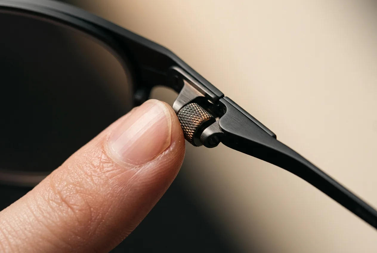 Fingertip adjusting a knurled metal diopter dial on display glasses in macro