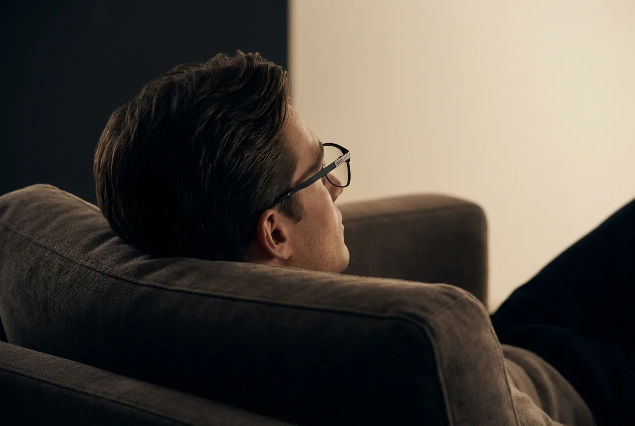 Person reclining in a dark room with warm movie glow spilling across their display glasses