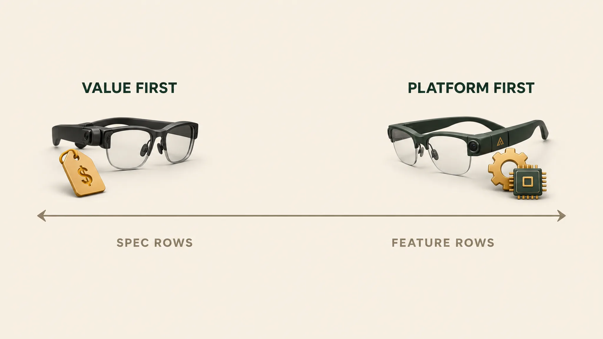 Positioning spectrum placing value-first glasses against platform-first glasses