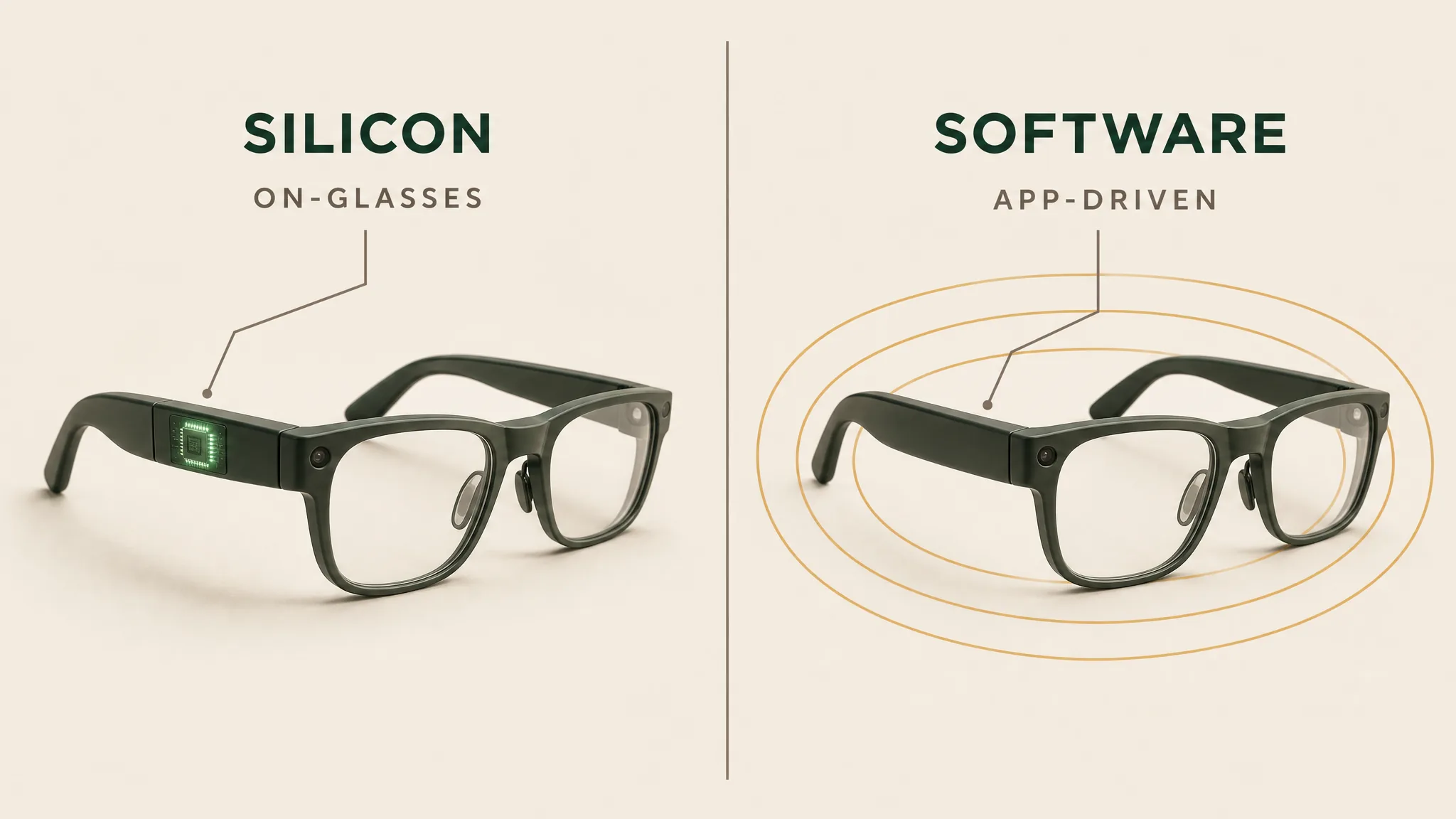 Split diagram contrasting on-glasses silicon against app-driven software rings