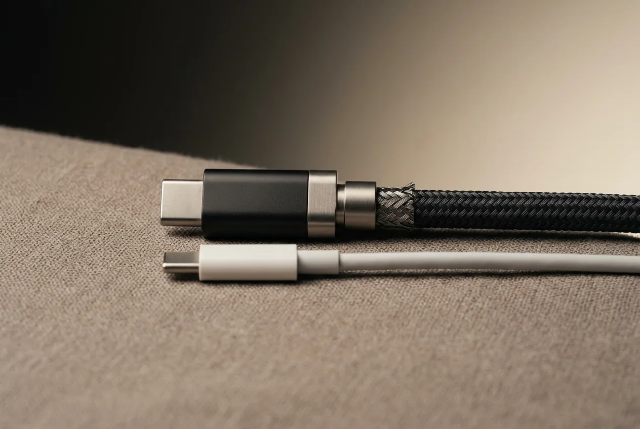 Thick braided data cable compared with a thin charging-only cable on linen
