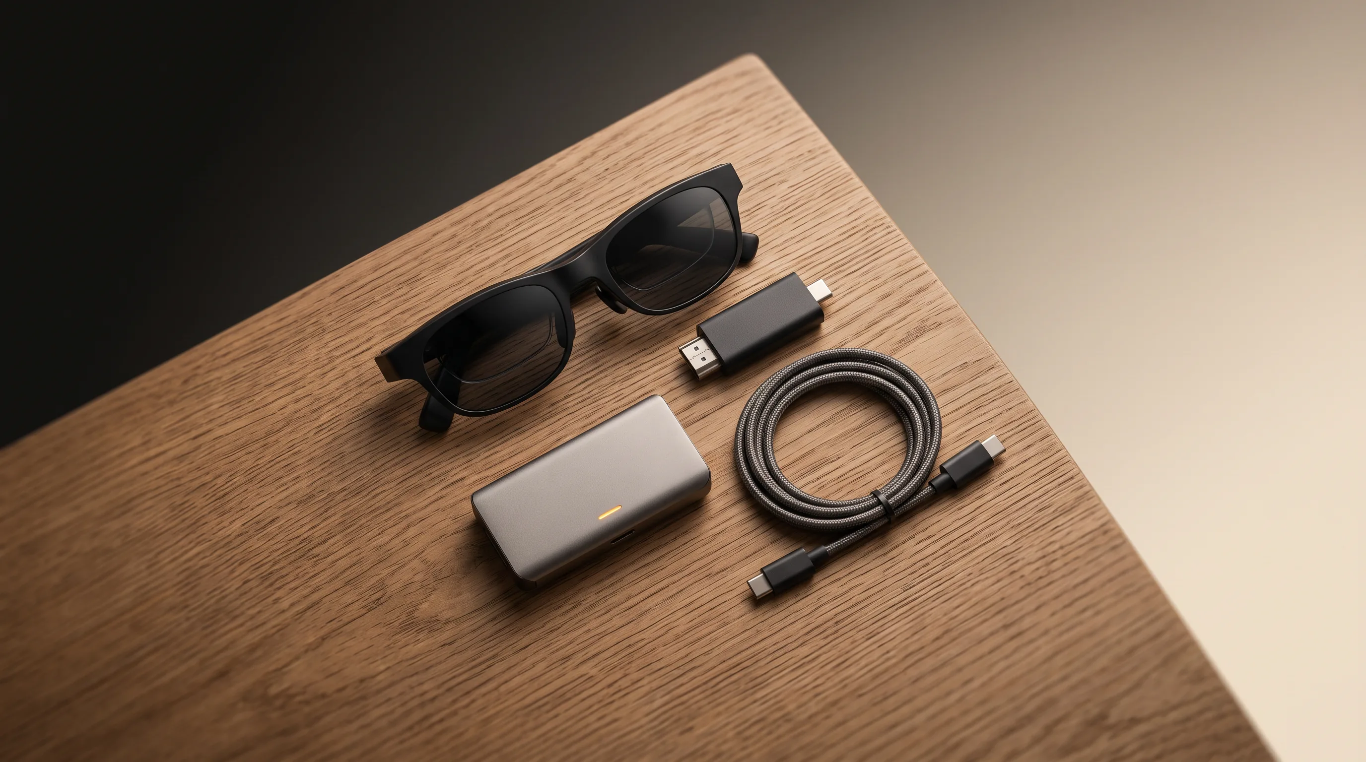 Adapter, powered hub, coiled cable, and display glasses arranged on an oak desk