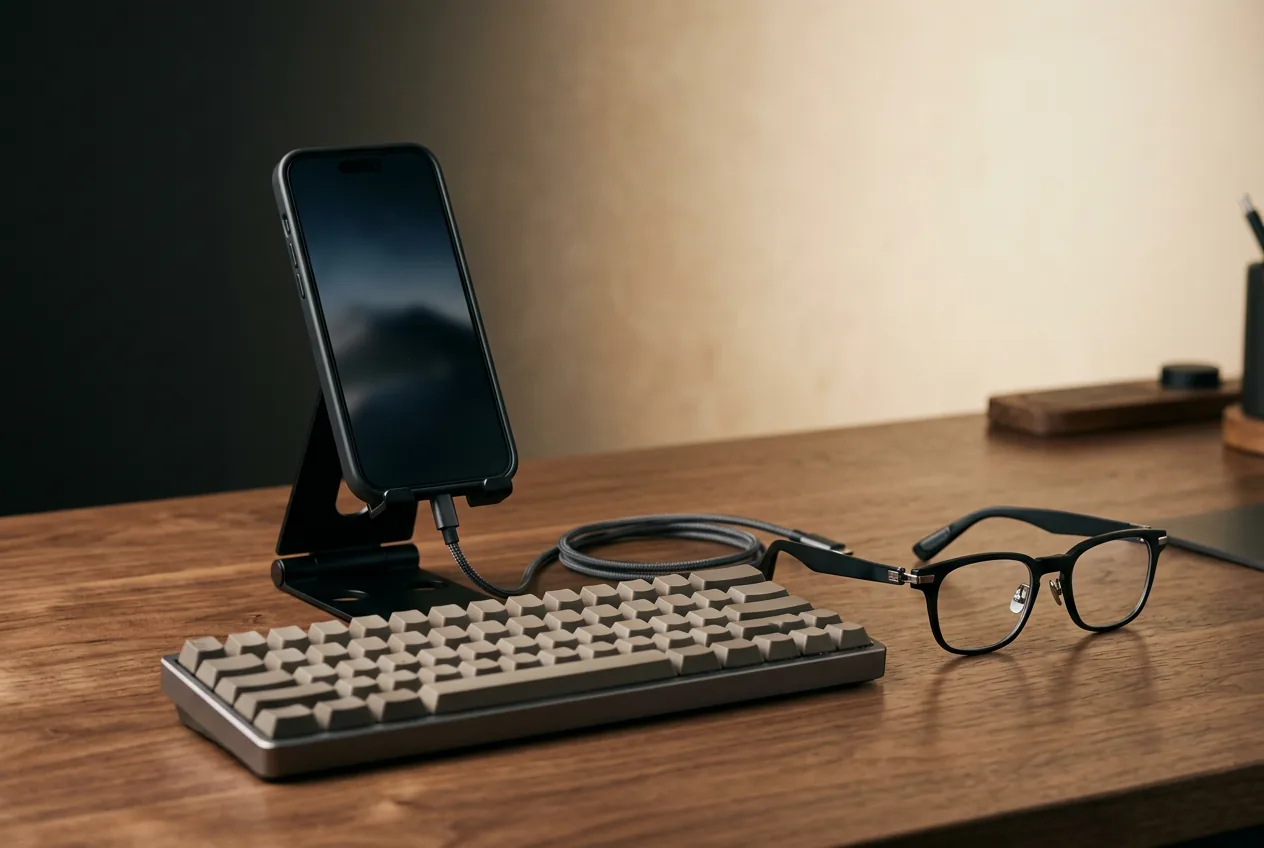 A phone docked on a folding stand beside a compact wireless keyboard and display glasses on a walnut desk