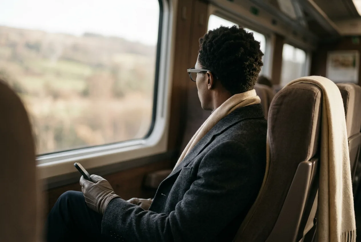 Traveler wearing display glasses beside a train window while holding a phone in their lap