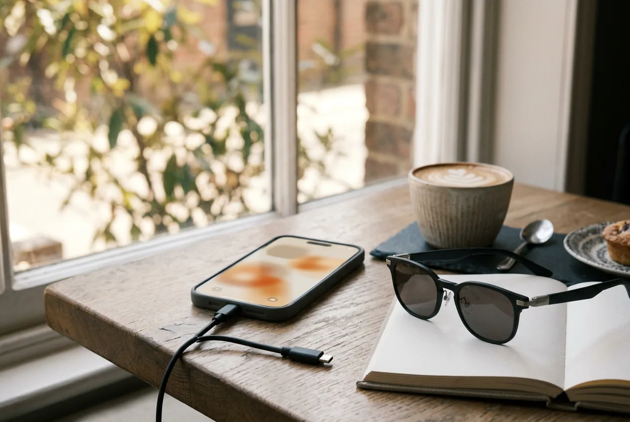 Phone connected by cable to display glasses beside a coffee cup on a cafe table
