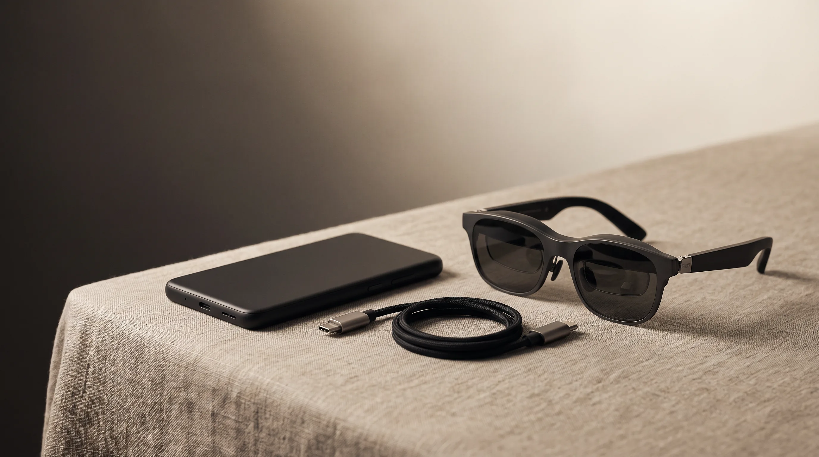 Pocket Android slab device lying beside display glasses and a coiled cable