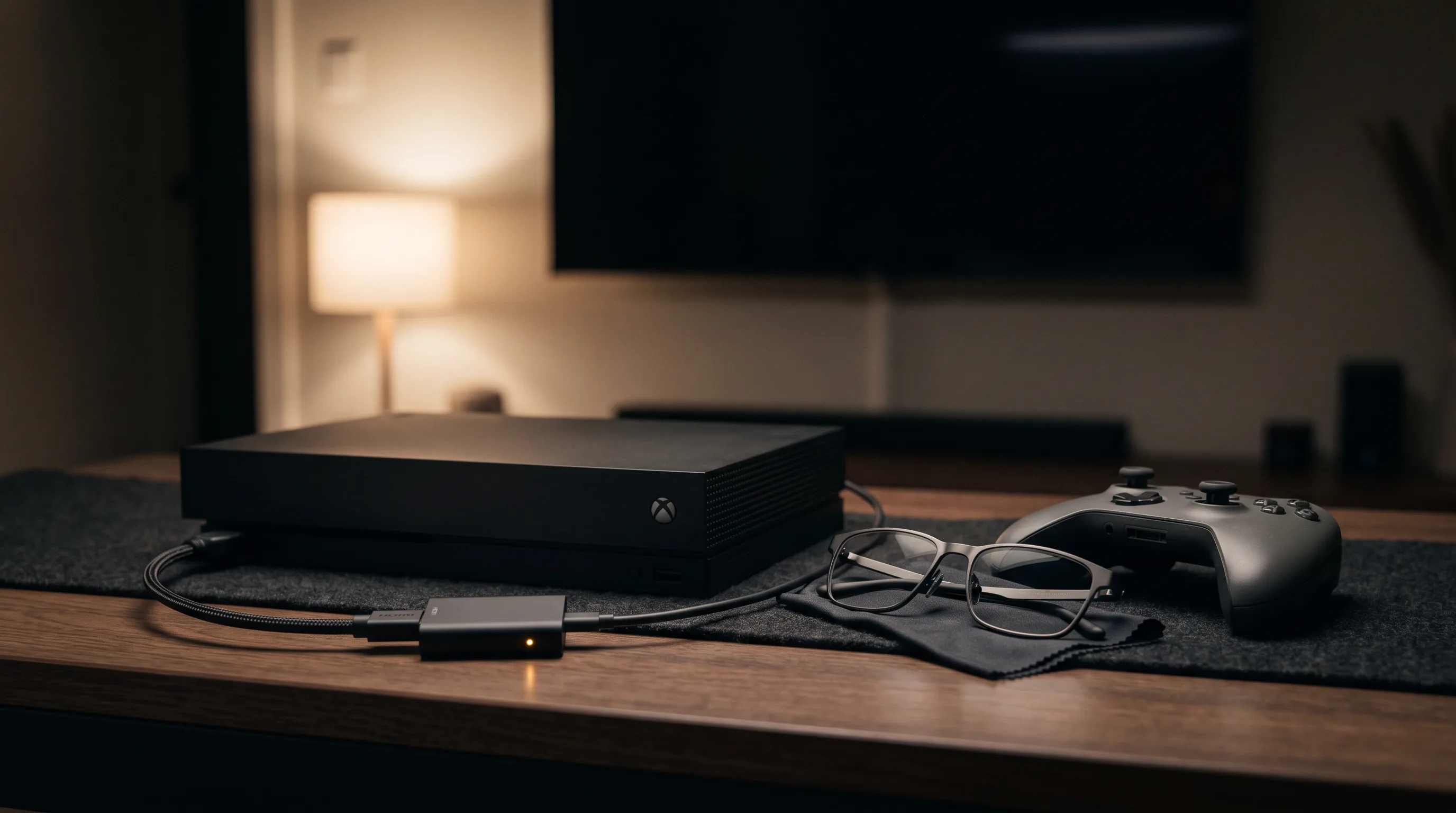 Console, HDMI adapter, and display glasses arranged on a coffee table with the TV dark