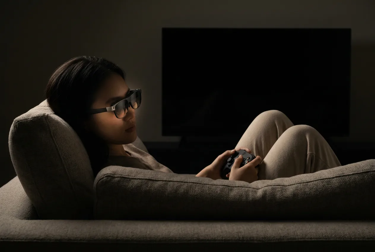 Person on a couch wearing glasses with a controller in a dark living room, TV off