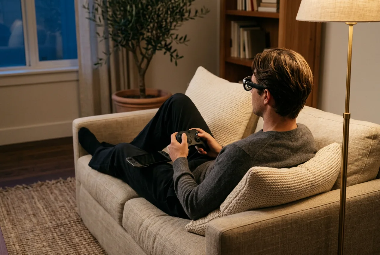 Person reclined on a sofa holding a game controller while wearing display glasses in lamplight