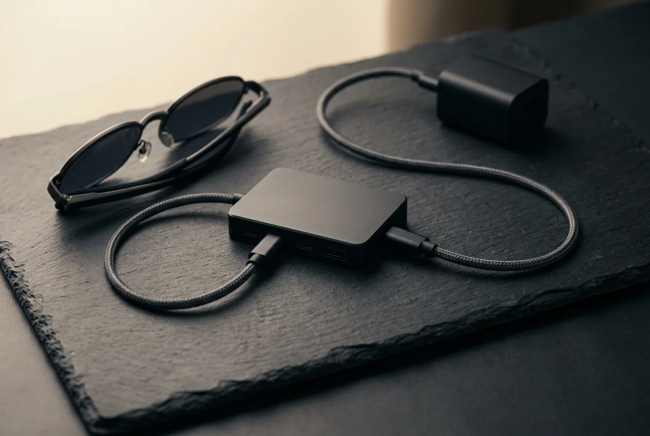 Compact USB-C hub with cables running to folded display glasses and a charging brick on slate