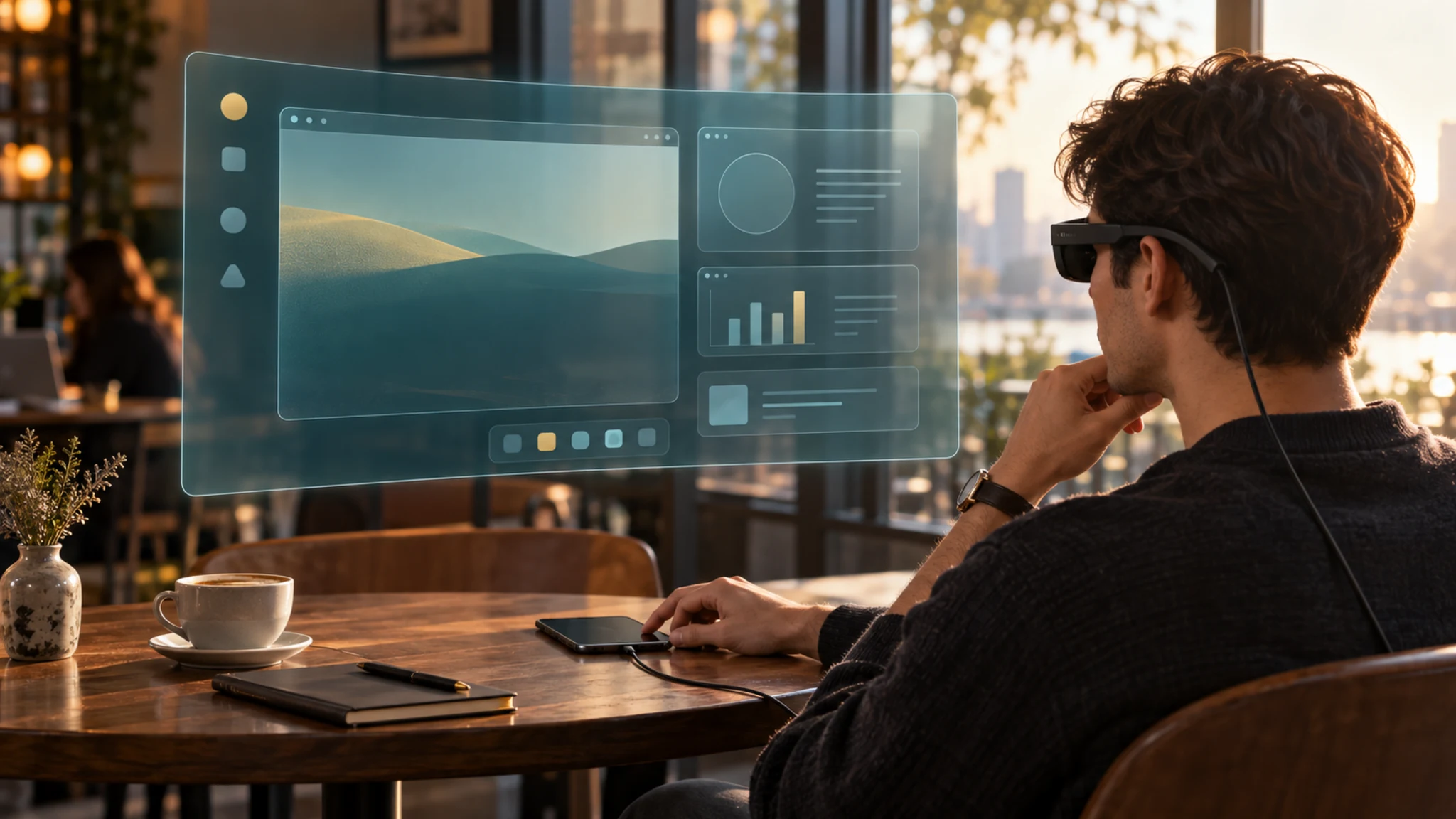 Conceptual cafe workspace with a person using a phone as a trackpad while display glasses show an anchored virtual desktop