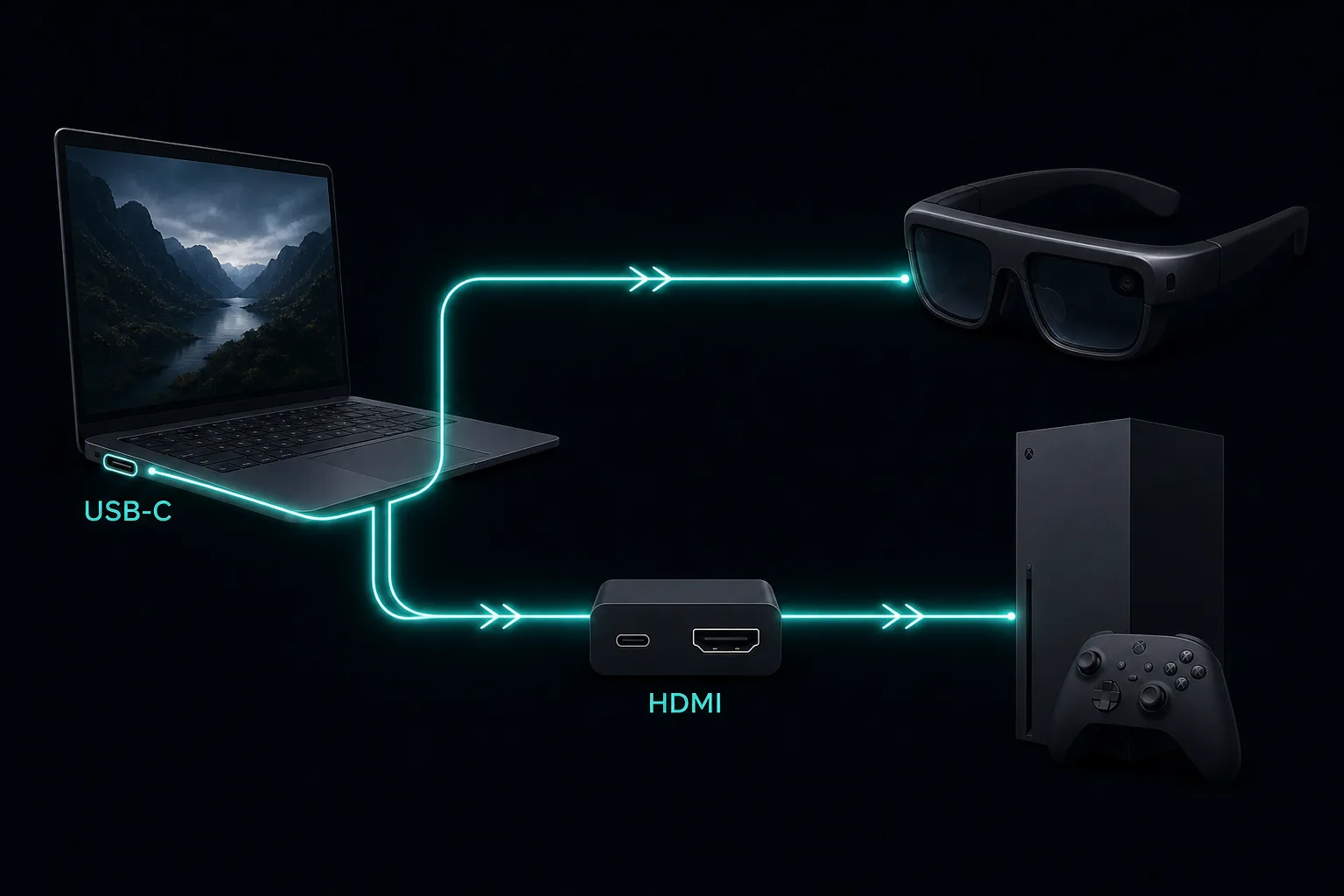 Diagram of video signal paths from a laptop to glasses directly, and from a console through an HDMI adapter