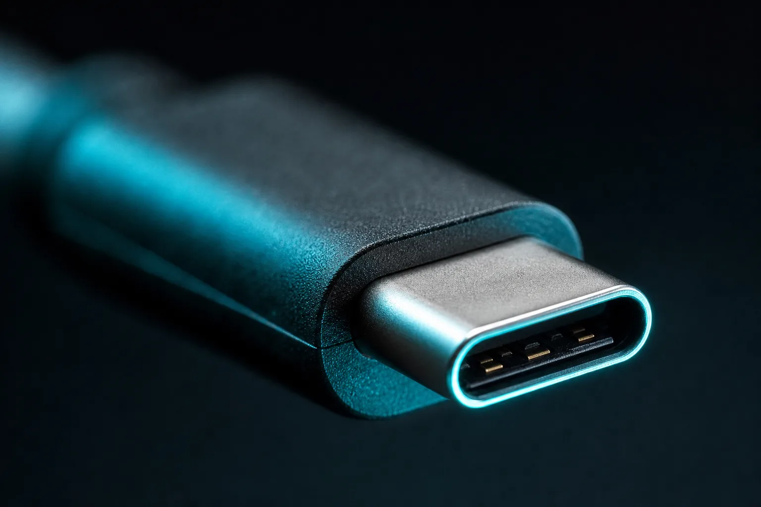 Macro photograph of a USB-C connector glowing against a dark background with teal rim lighting