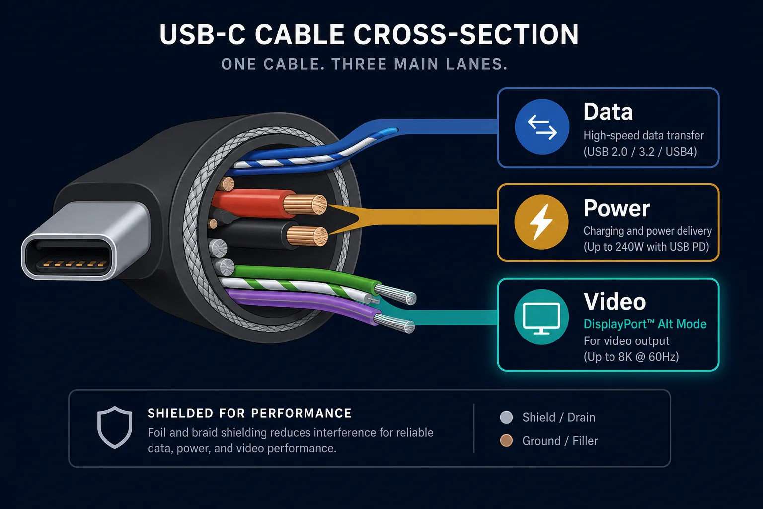 Infographic of a USB-C cable cross-section with lanes for data, power, and video, the video lane highlighted