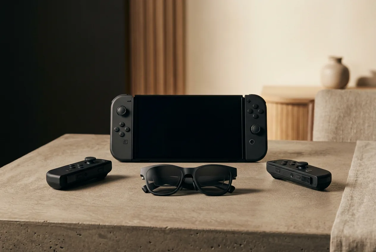 Handheld gaming console on its kickstand with a dark screen, detached controllers, and display glasses in front
